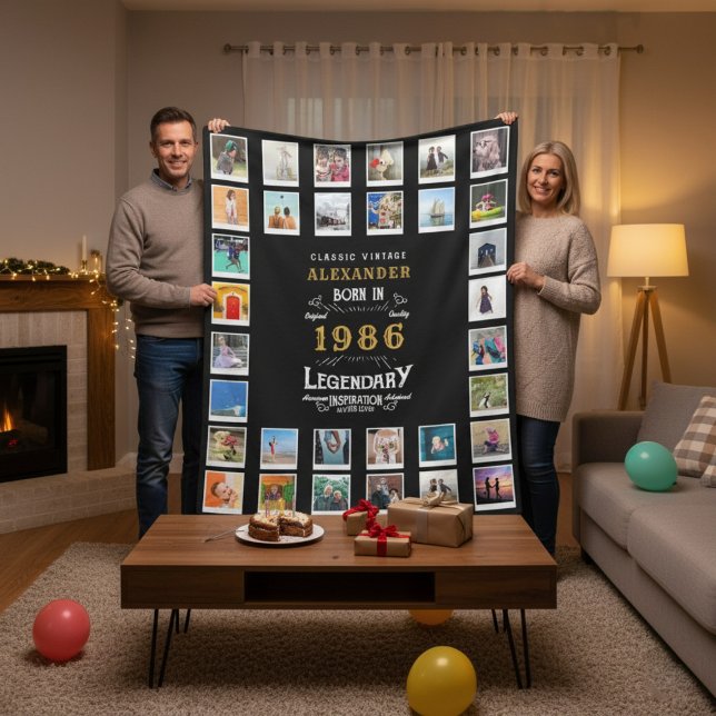 40th Birthday Photo Collage Son Or Husband Fleecedecke (40th birthday fleece blanket held up by a couple in a room.)