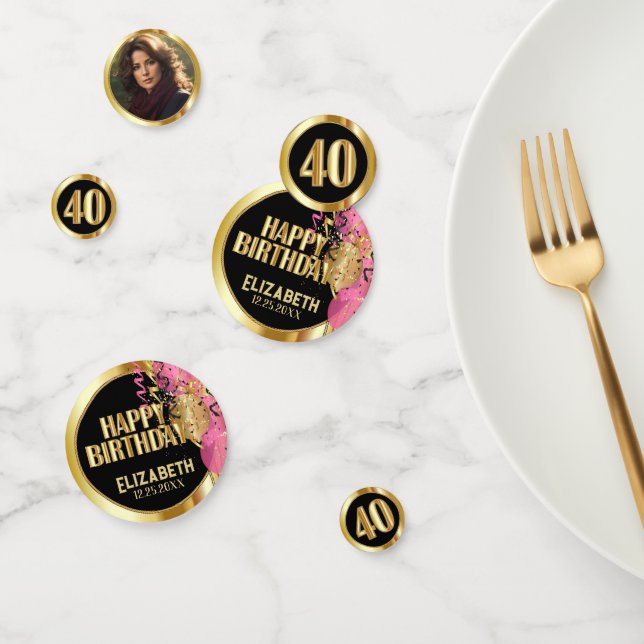 40th Birthday - Pink, Black and Gold - Photo Konfetti (Gruppe)