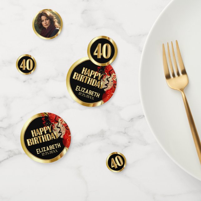 40th Birthday - Red, Black and Gold 🎈 Photo Konfetti (Gruppe)