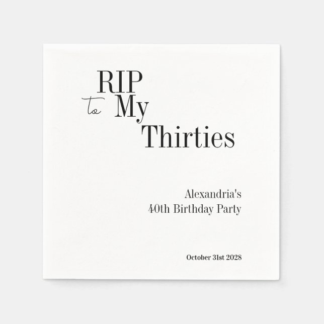 40th Birthday RIP 30s Black White Minimal Party Serviette (Vorderseite)