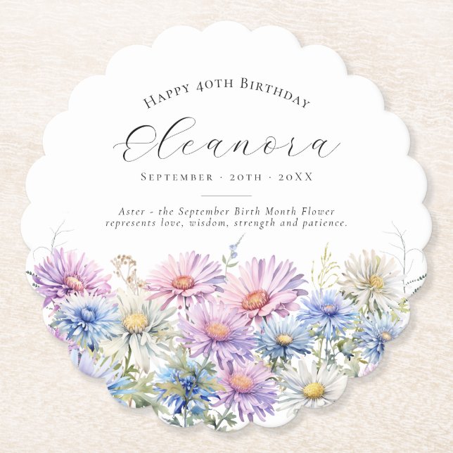 40th Birthday September Birth Flower Custom Untersetzer (Vorderseite)