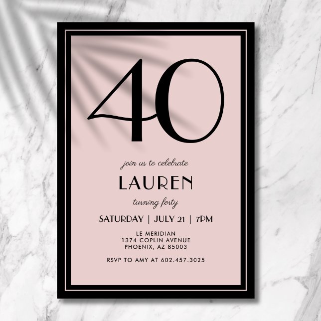 40th Birthday Women's Modern Minimal Black Pink Einladung (A chic black and pink invitation that blends modern minimal design with elegance.)