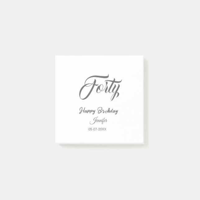 40th forty letterbirthday add name date year gray  post-it klebezettel (Vorderseite)