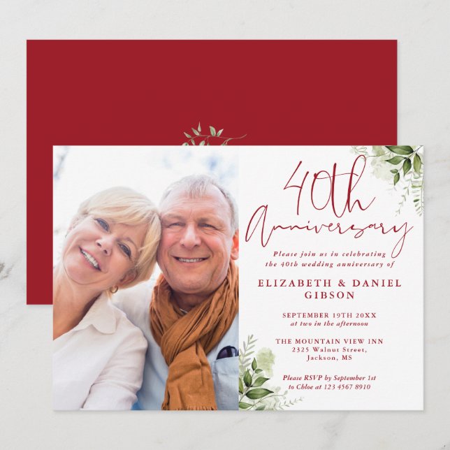 40th Wedding Anniversary Floral Greenery Photo Einladung (Vorne/Hinten)