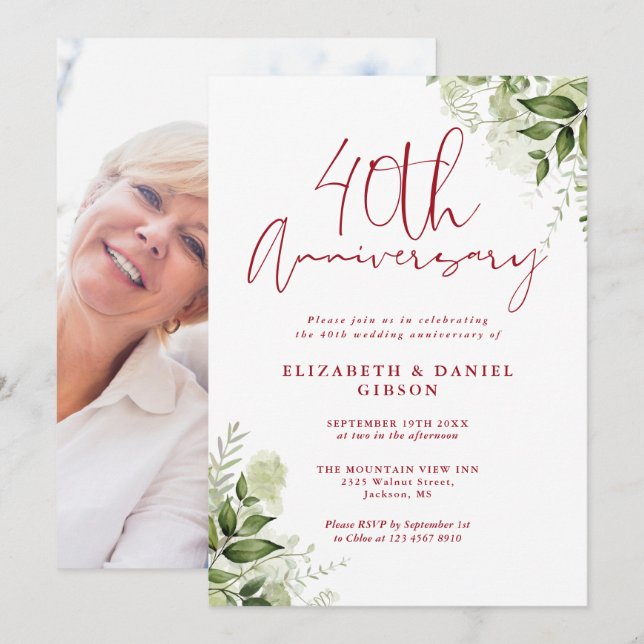 40th Wedding Anniversary Greenery Floral Photo Einladung (Vorne/Hinten)