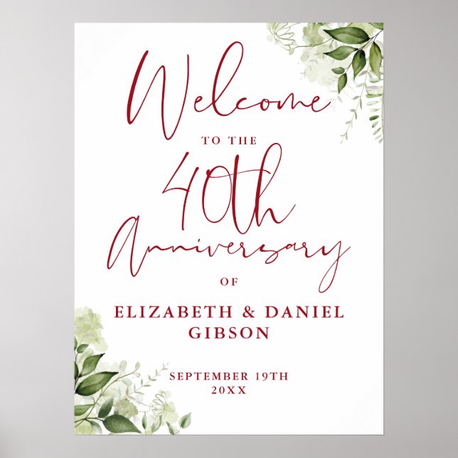 40th Wedding Anniversary Greenery Welcome Sign Poster (Vorne)