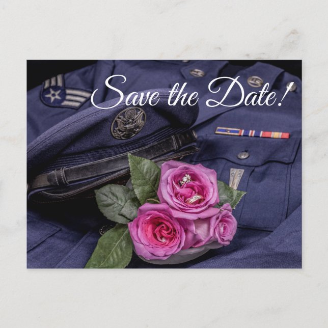 4171-Militärische Uniform mit Rose und Rings Einladungspostkarte (Vorderseite)