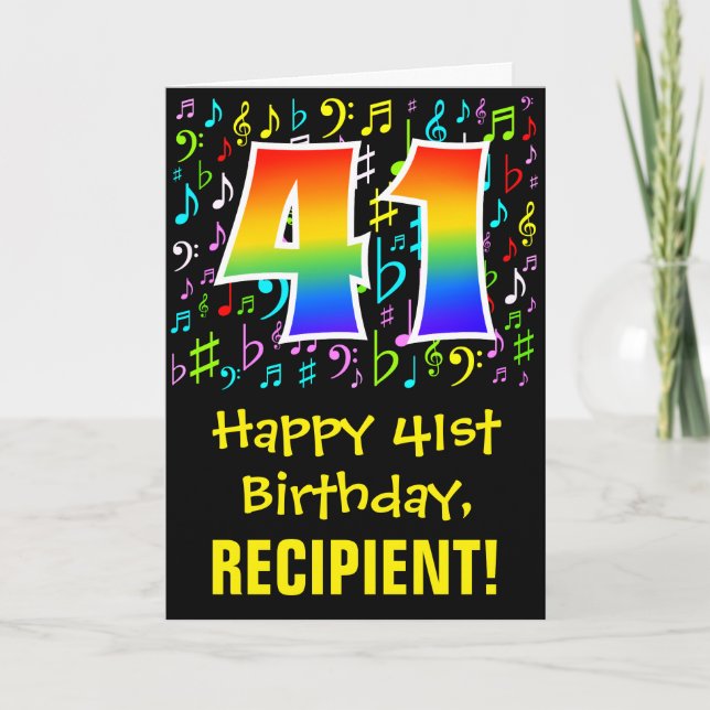 41. Geburtstag: Farbige Musiksymbole + Regenbogen  Karte (Vorderseite)