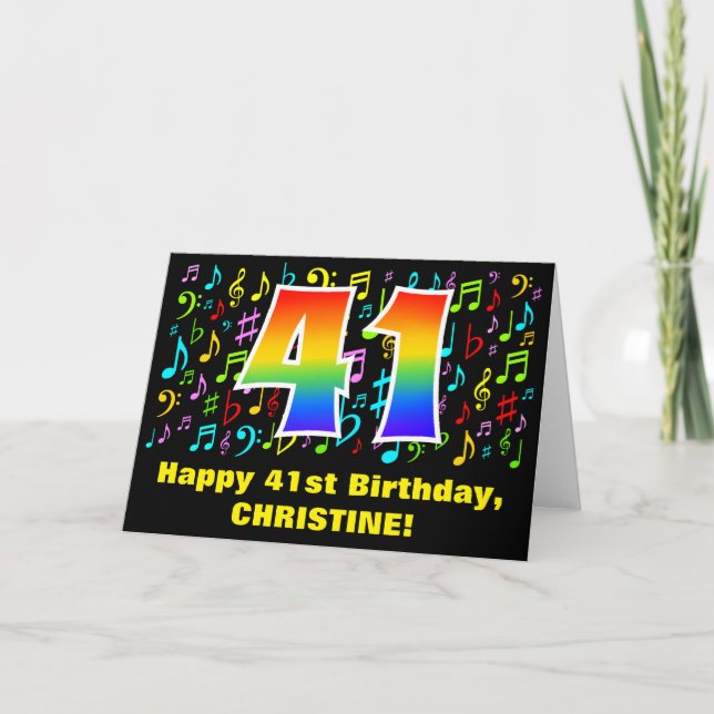 41. Geburtstag: Farbige Musiksymbole & Regenbogen  Karte (Vorderseite)