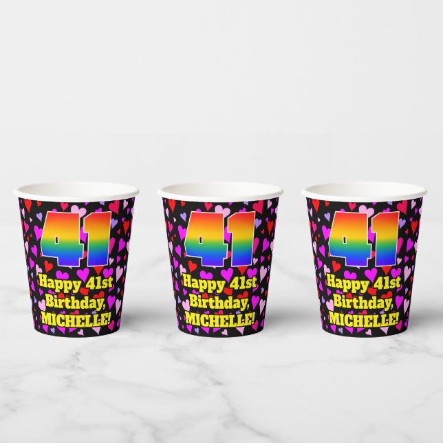 41. Geburtstag: Loving Hearts Pattern, Regenbogen  Pappbecher (Multi)