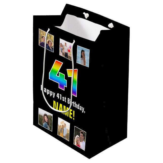 41. Geburtstag: Regenbogen "41", kundenspezifische Mittlere Geschenktüte (Vorderseite Schrägansicht)
