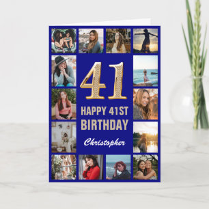 41. Happy Birthday Navy Blue & Gold Foto Collage Karte