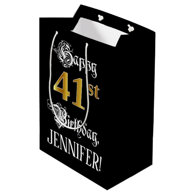 41st Birthday ~ Fancy Script; Faux Gold Look; Name Mittlere Geschenktüte (Rückseite Schrägansicht)