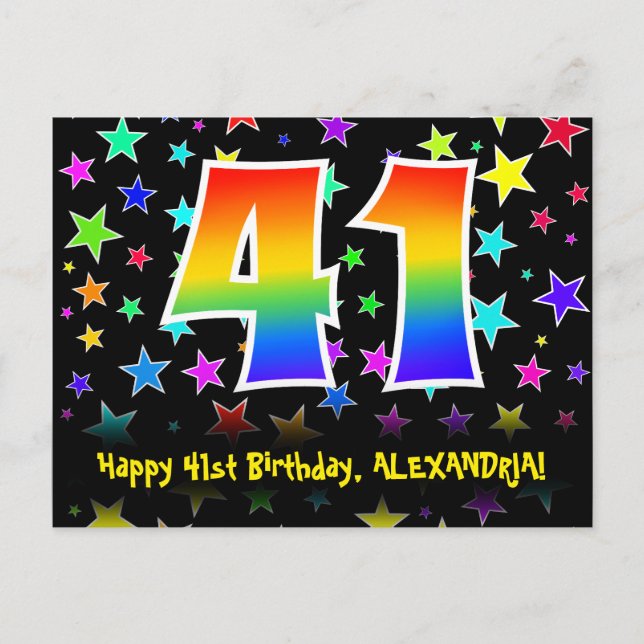 41st Birthday: Fun Stars Pattern, Rainbow 41, Name Postkarte (Vorderseite)
