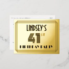 41st Birthday Party ~ Art Deco Style “41” + Name Folie Einladungspostkarte