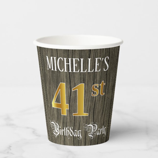 41st Birthday Party — Faux Gold & Faux Wood Looks Pappbecher (Vorderseite)