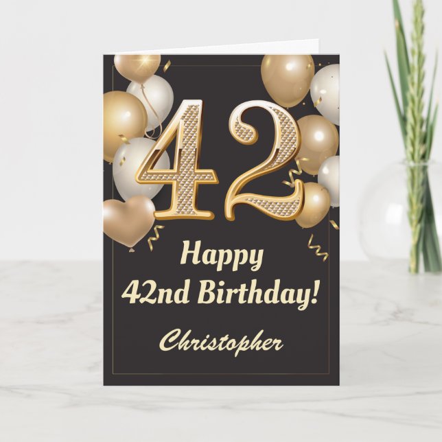42. Geburtstag Black and Gold Balloons Confetti Karte (Vorderseite)