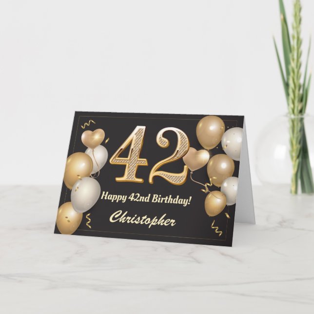 42. Geburtstag Black and Gold Balloons Geburtstag Karte (Vorderseite)