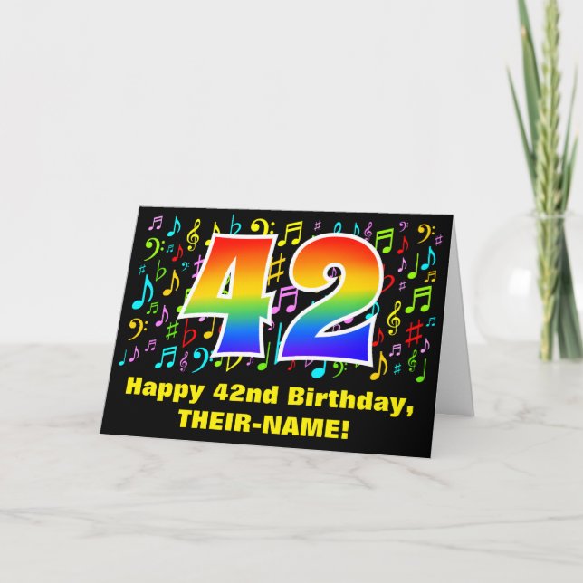 42. Geburtstag: Farbige Musiksymbole & Regenbogen  Karte (Vorderseite)