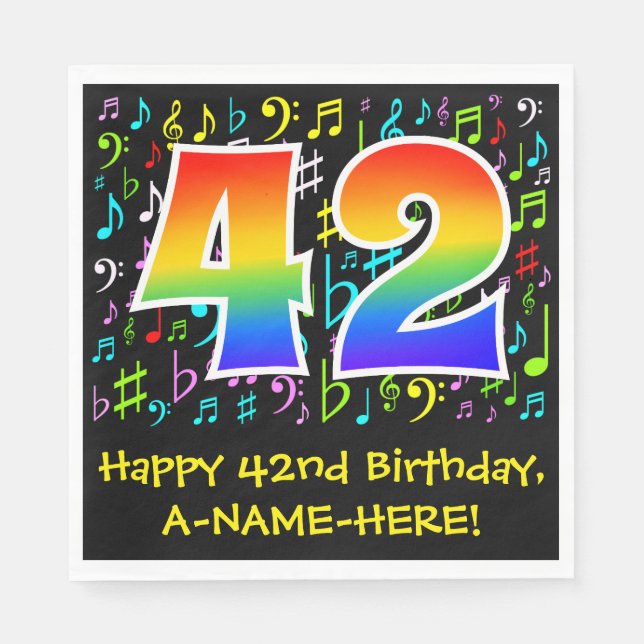 42. Geburtstag - Farbige Musiksymbole, Regenbogen  Serviette (Vorderseite)