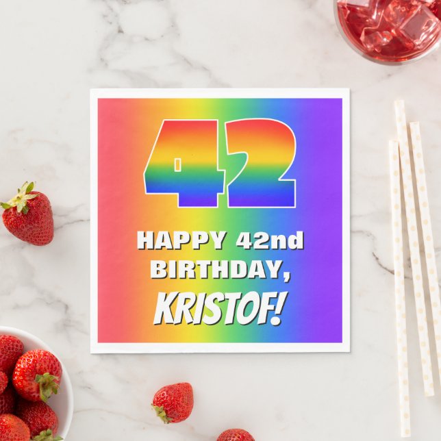 42. Geburtstag: Farbiges, lustiges Regenbogenmuste Serviette (Beispiel)