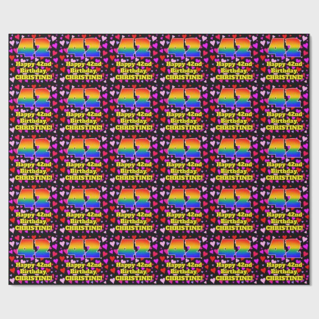 42. Geburtstag: Loving Hearts Pattern, Regenbogen  Geschenkpapier (Flach)