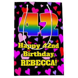 42. Geburtstag: Loving Hearts Pattern, Regenbogen  Mittlere Geschenktüte