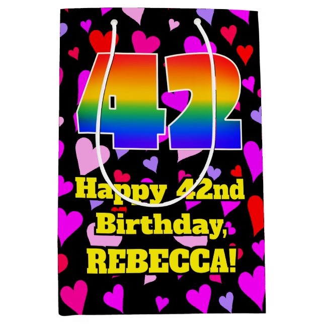 42. Geburtstag: Loving Hearts Pattern, Regenbogen  Mittlere Geschenktüte (Vorderseite)
