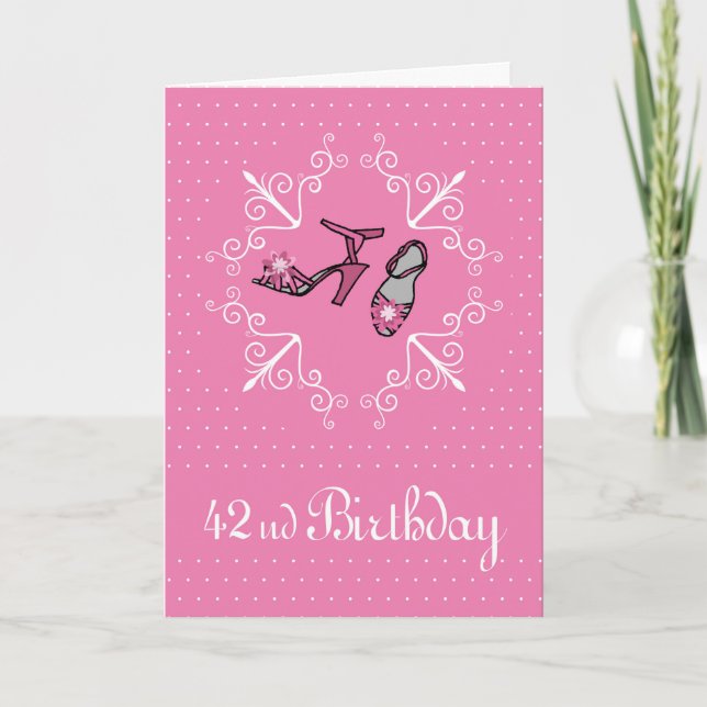 42. Geburtstag, rosa Schuhe Karte (Vorderseite)