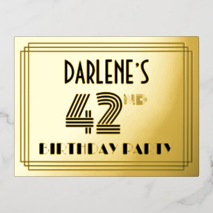 42. Geburtstagsparty ~ Art Deco Stil "42" + Name F Folie Einladungspostkarte