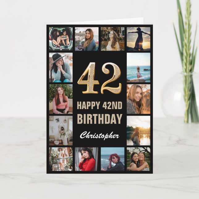 42. Happy Birthday Black and Gold Foto Collage Karte (Vorderseite)