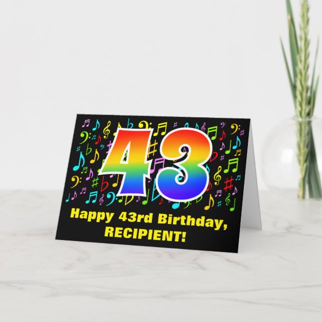 43. Geburtstag: Farbige Musiksymbole & Regenbogen  Karte (Vorderseite)