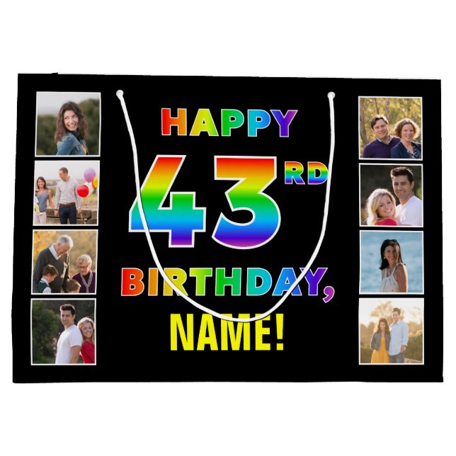 43. Geburtstag: Regenbogentext, benutzerdefinierte Große Geschenktüte (Rückseite)