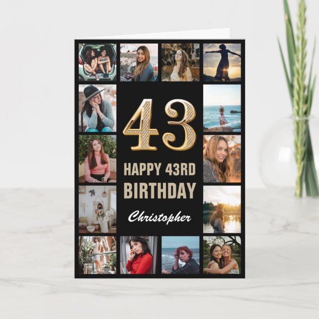 43. Happy Birthday Black and Gold Foto Collage Karte (Vorderseite)