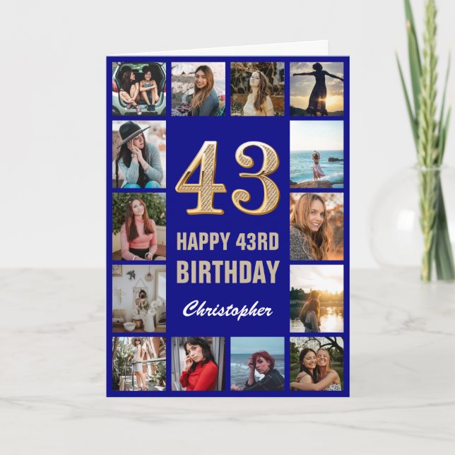 43. Happy Birthday Navy Blue & Gold Foto Collage Karte (Vorderseite)