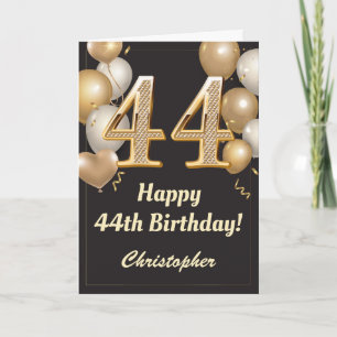 44. Geburtstag Black and Gold Balloons Confetti Karte
