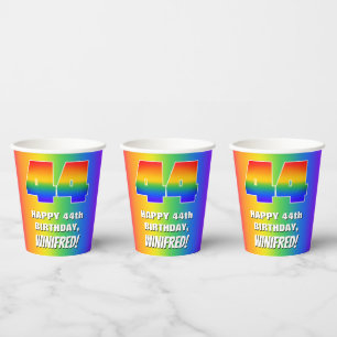 44. Geburtstag: Buntes, Lustiges Regenbogen-Muster Pappbecher