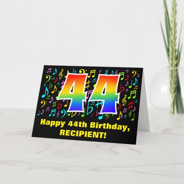 44. Geburtstag: Farbige Musiksymbole & Regenbogen  Karte (Vorderseite)