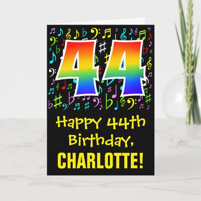 44. Geburtstag: Farbige Musiksymbole + Regenbogen  Karte (Vorderseite)