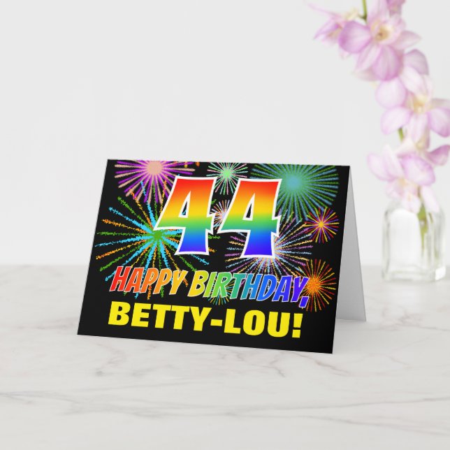 44. Geburtstag: kühl, Spaß, Feuerwerke, Regenbogen Karte (Orchidee)