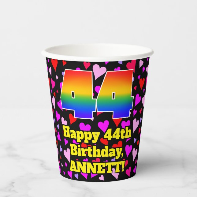44. Geburtstag: Loving Hearts Pattern, Regenbogen  Pappbecher (Vorderseite)