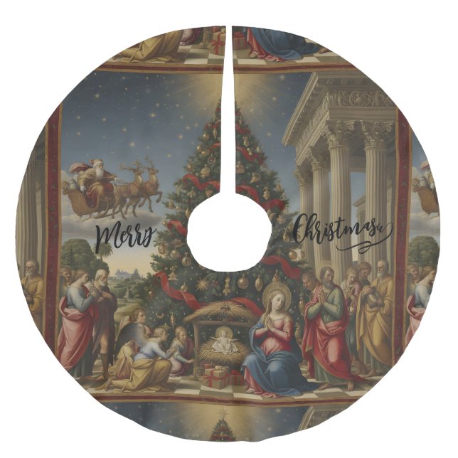44" Nativity Santa Christmas Tree Skirt Polyester Weihnachtsbaumdecke (Vorderseite)