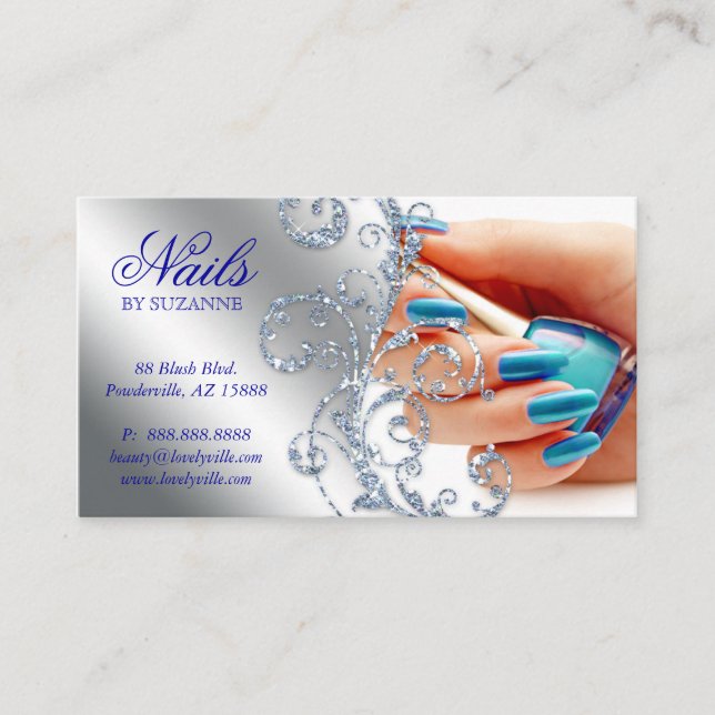 455 Nail Salon Loyalty Card Glitzer Blue Silver Visitenkarte (Vorderseite)