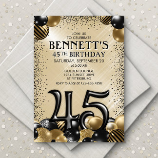 45. Balloons Black Gold Geburtstag Einladung