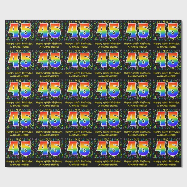 45. Geburtstag: Farbige Musiksymbole, Regenbogen 4 Geschenkpapier (Flach)