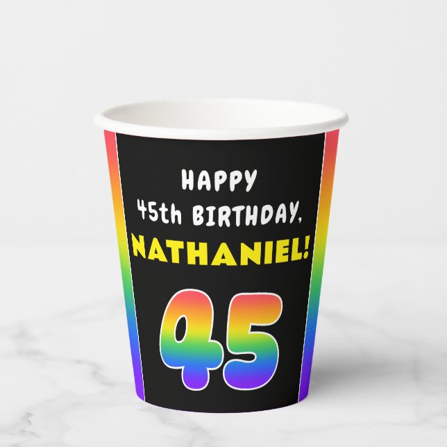 45. Geburtstag: Farbiger Regenbogen # 45, Individu Pappbecher (Vorderseite)