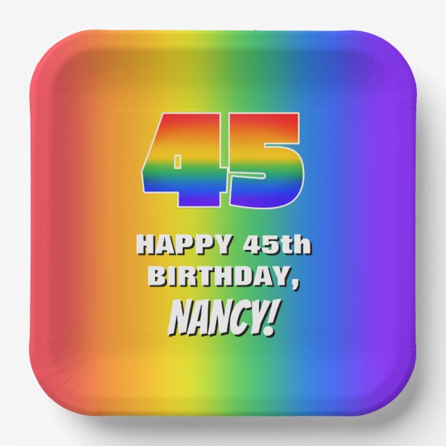 45. Geburtstag: Farbiges, lustiges Regenbogenmuste Pappteller (Vorderseite)