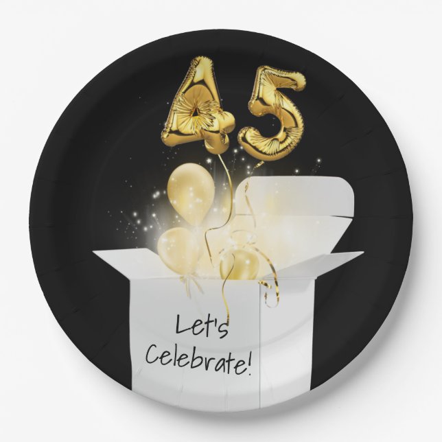 45. Geburtstag Gold Ballons in weißer Box Pappteller (Vorderseite)