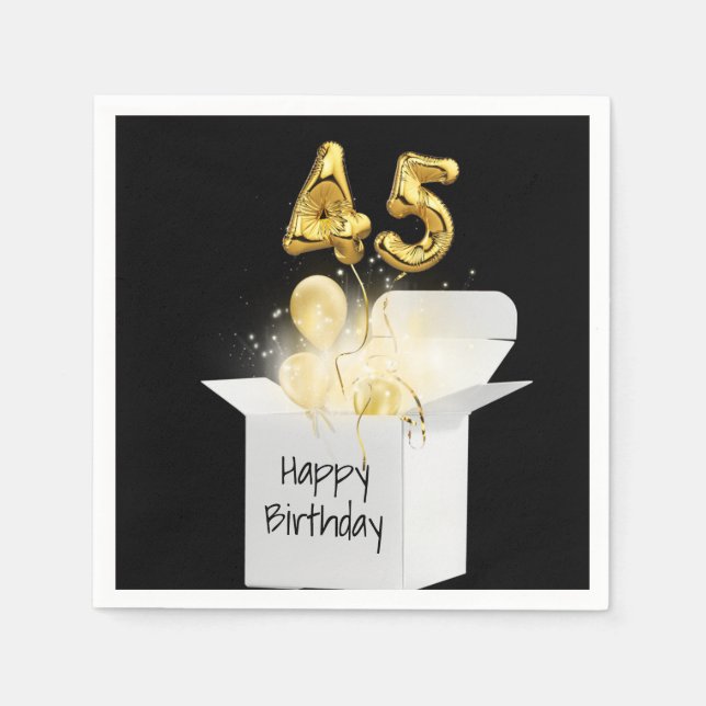 45. Geburtstag Gold Ballons in weißer Box Serviette (Vorderseite)
