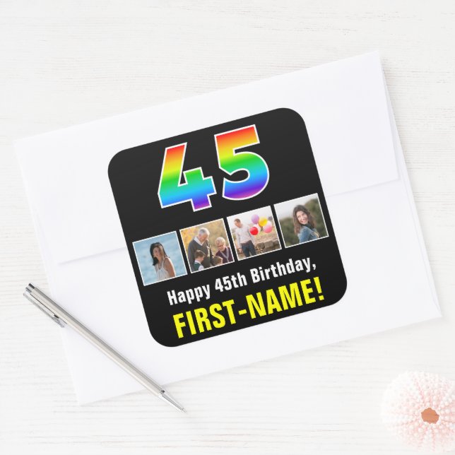 45. Geburtstag: Regenbogen "45"; benutzerdefiniert Quadratischer Aufkleber (Umschlag)